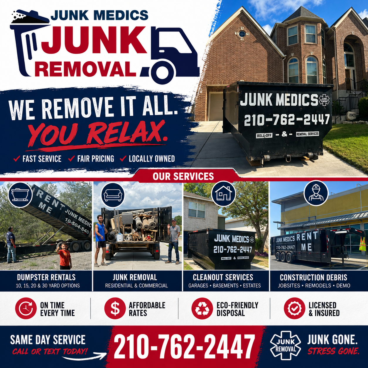 Junk Medics flyer showing dumpster rentals, junk removal, cleanout services and construction debris hauling in San Antonio