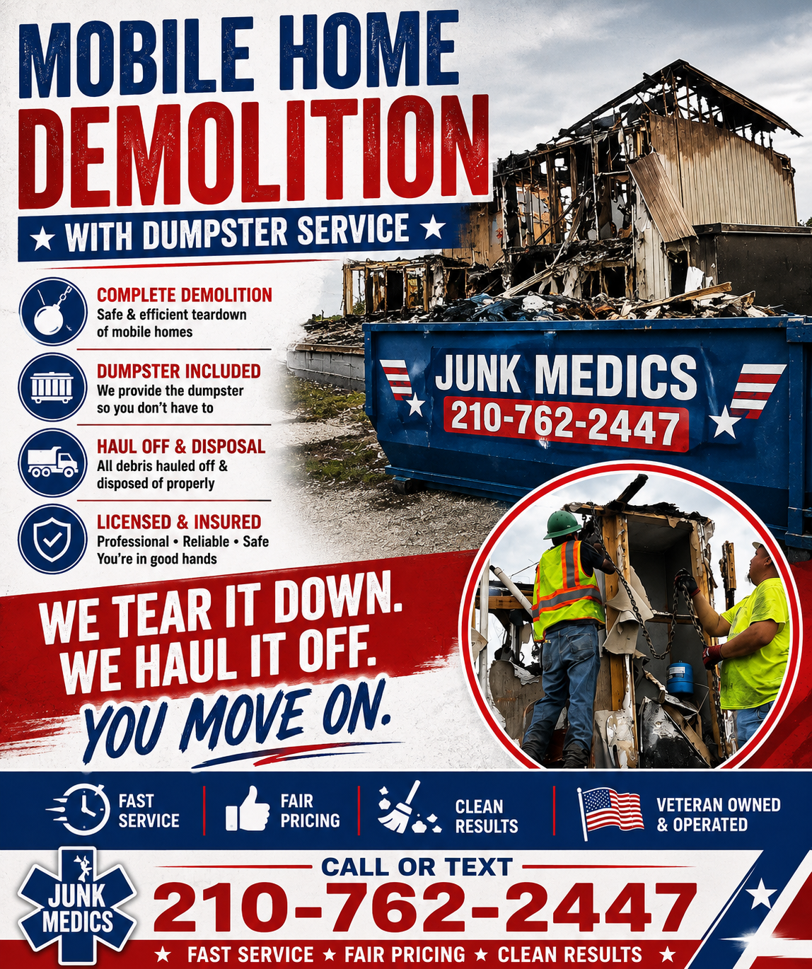 Junk Medics mobile home demolition flyer with dumpster service included